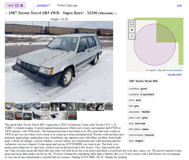 Illustration for article titled Found on Montana Craigslist: Tercel Edition